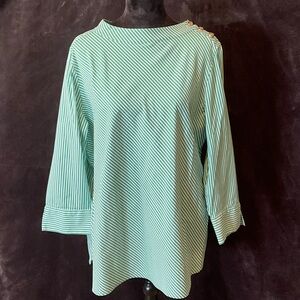 Chico’s Striped Green Boatneck Button-Shoulder Women's Top